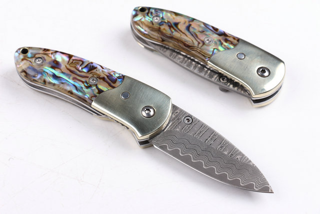 Damascus Small abalone pure copper folding knife UD403386